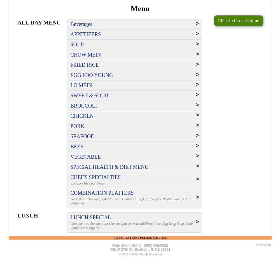 Main Moon Buffet Menu