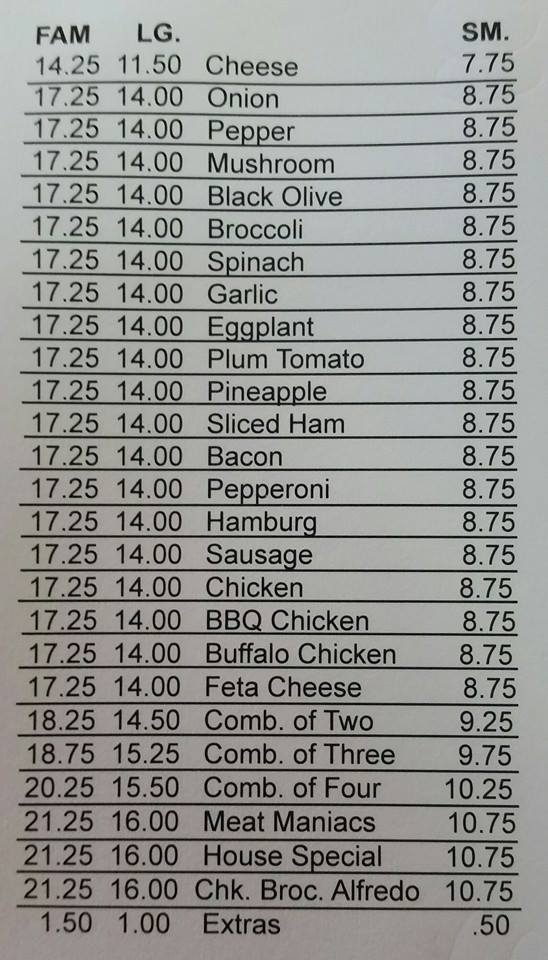 Angie's Pizzeria Menu