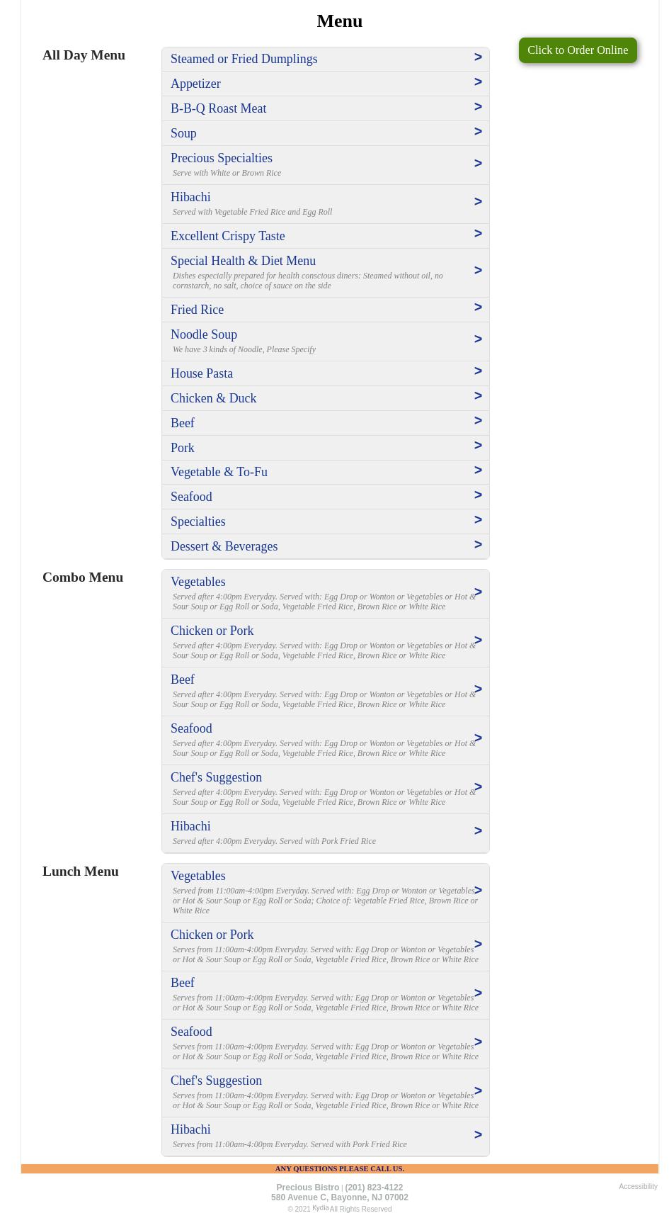 Precious Bistro Menu