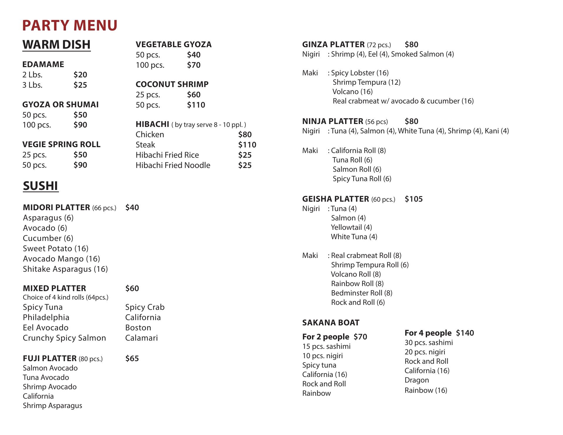 Sakana Modern Japanese Menu