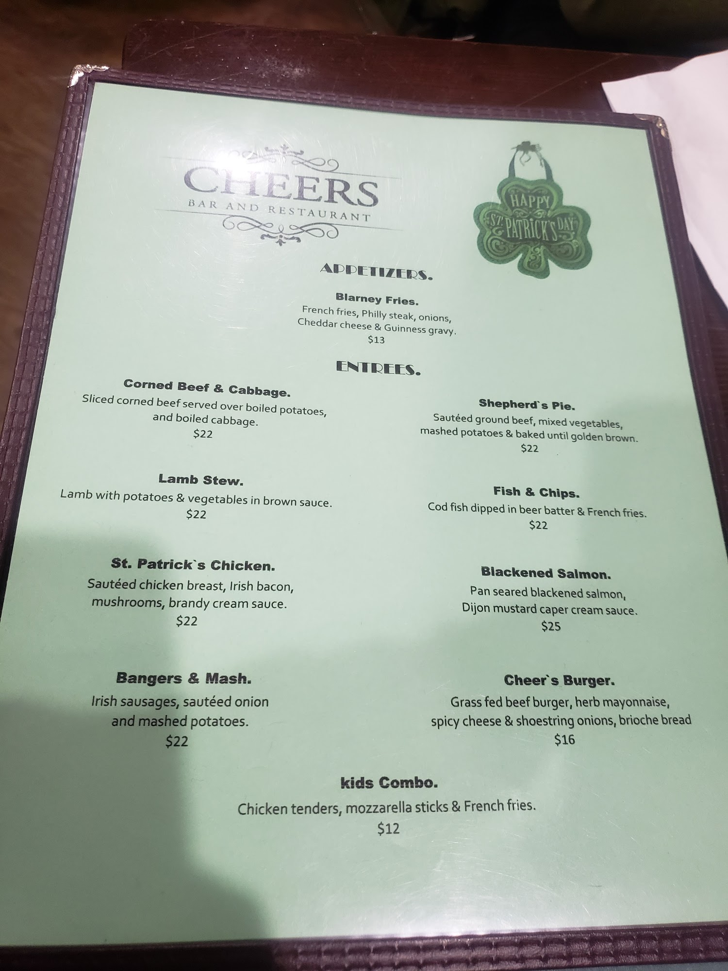 Cheers Bar & Restaurant Menu