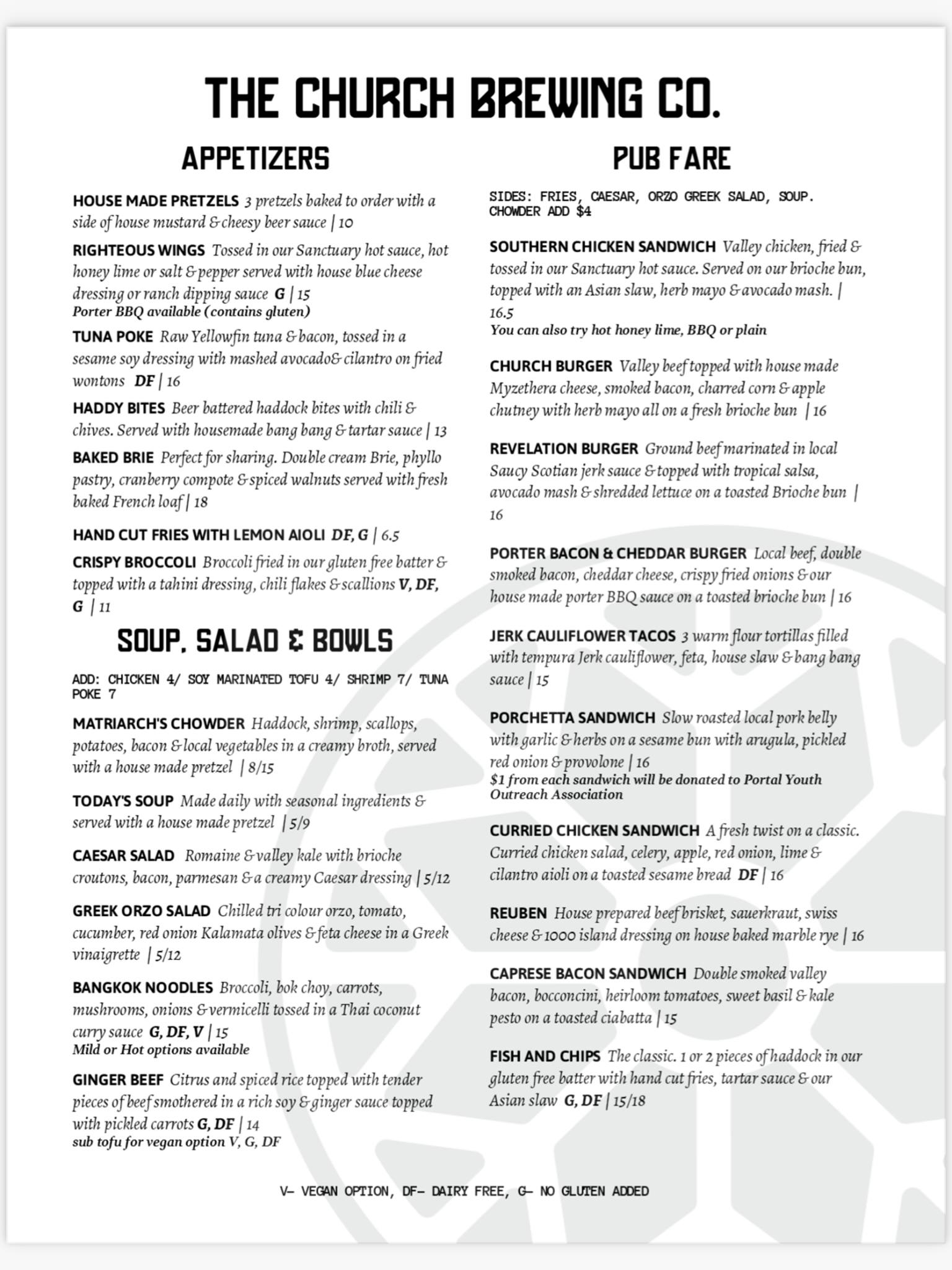 The Church Brewing Co Menu