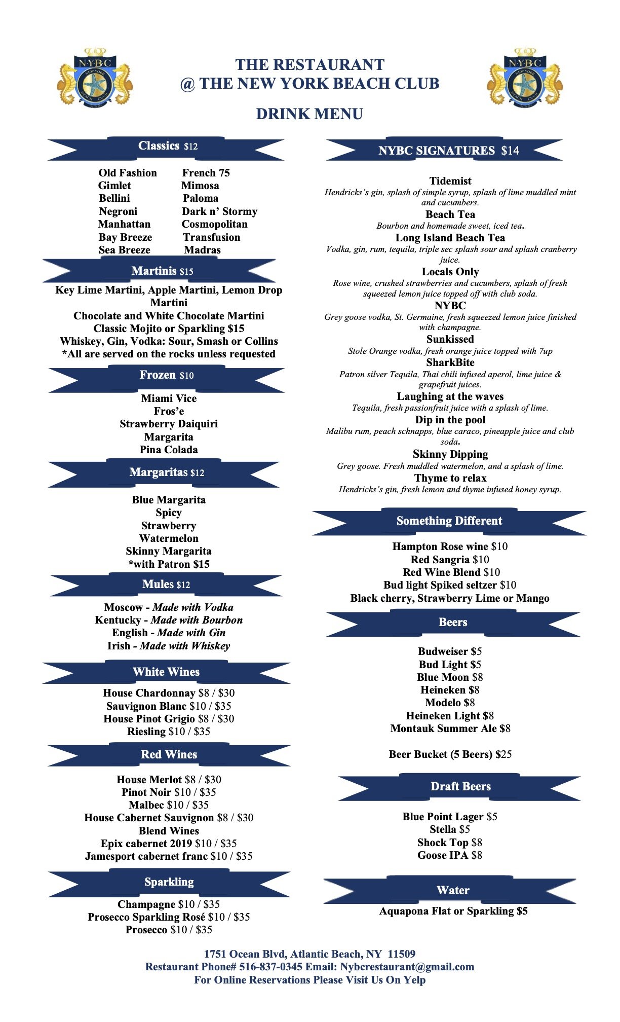 New York Beach Club & Restaurant ( Open to Public after 6pm ) Menu