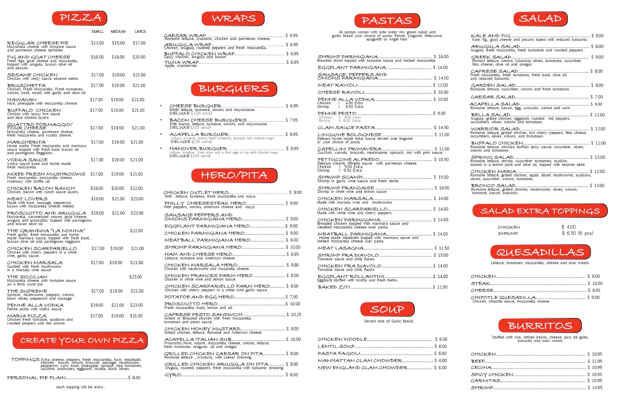 Acapella 238 pizzeria Menu
