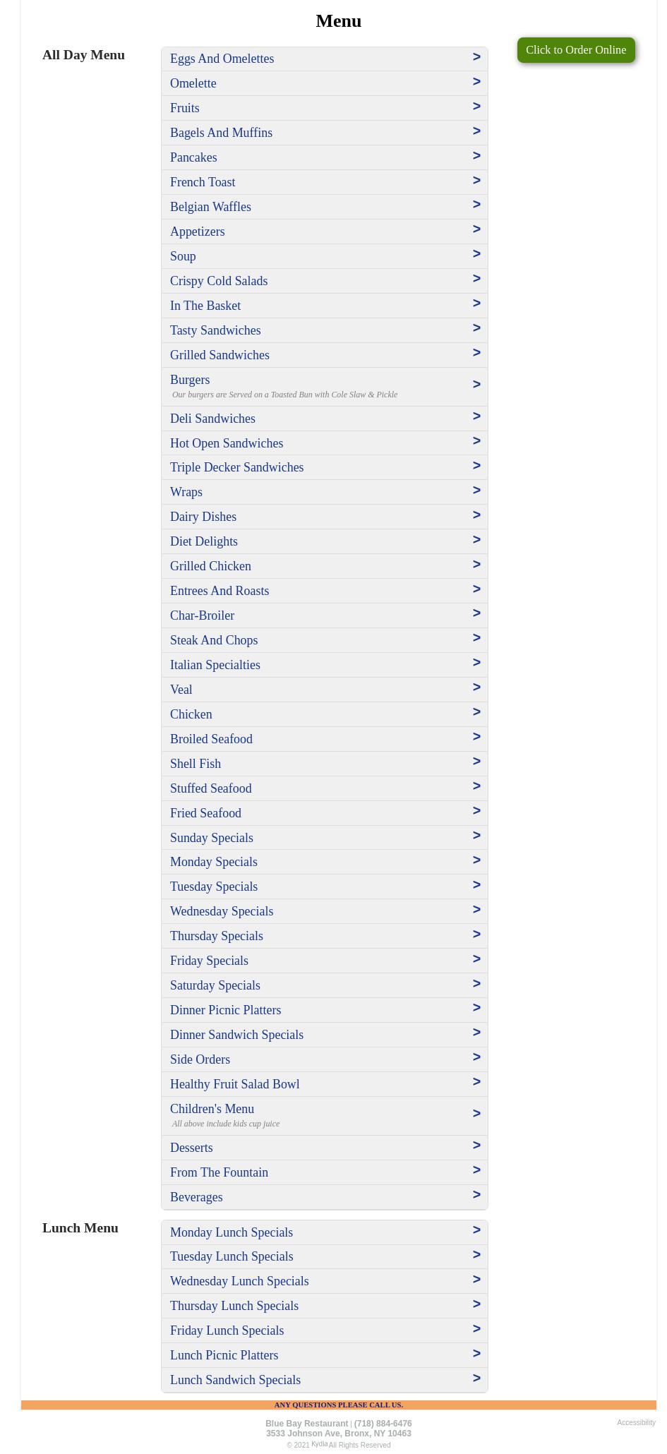 Blue Bay Restaurant Menu