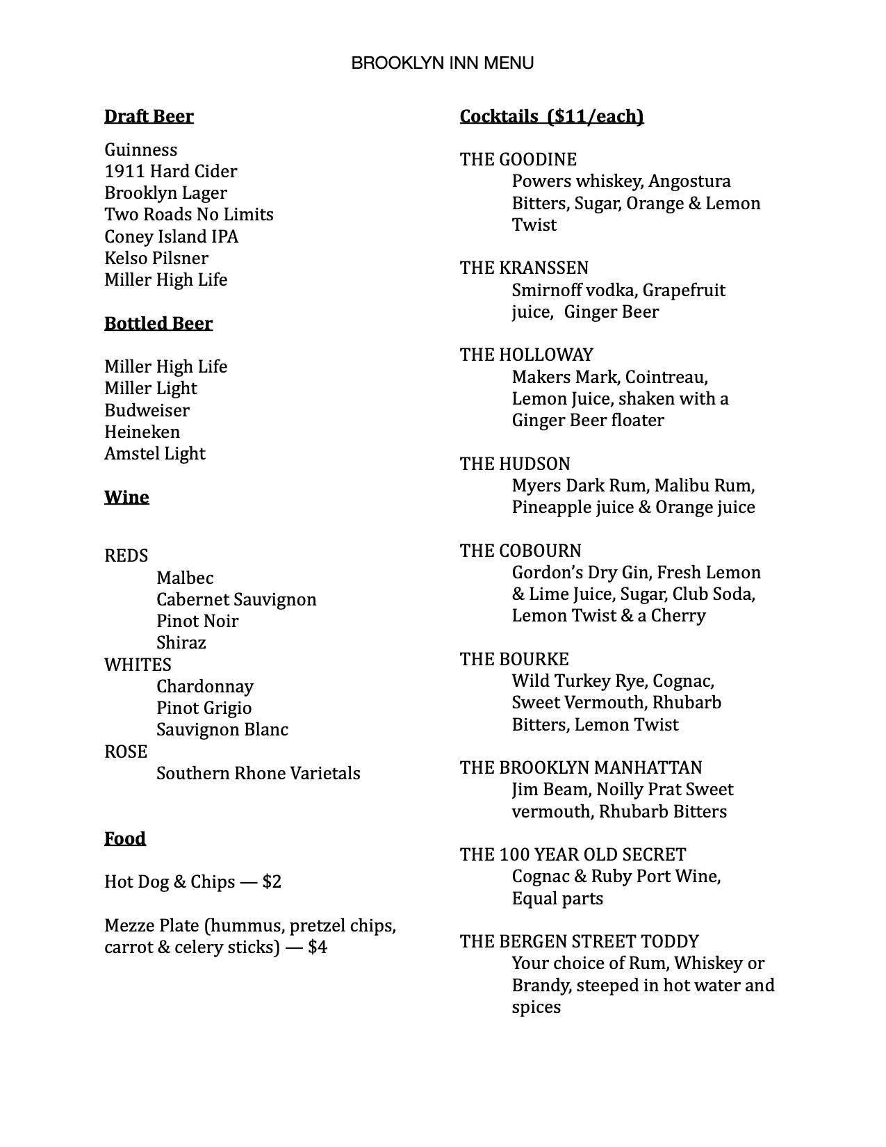 Brooklyn Inn Menu