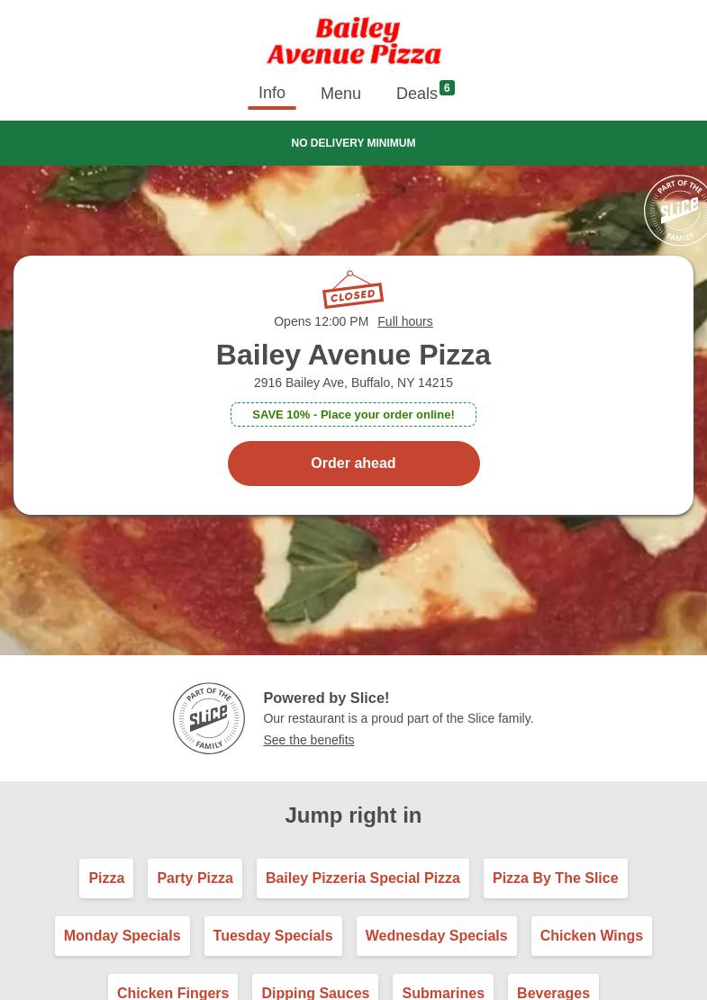 Bailey Avenue Pizza Menu