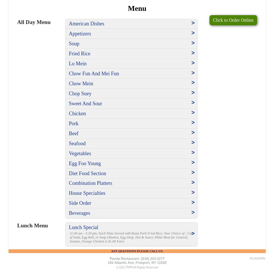 Panda Restaurant Menu