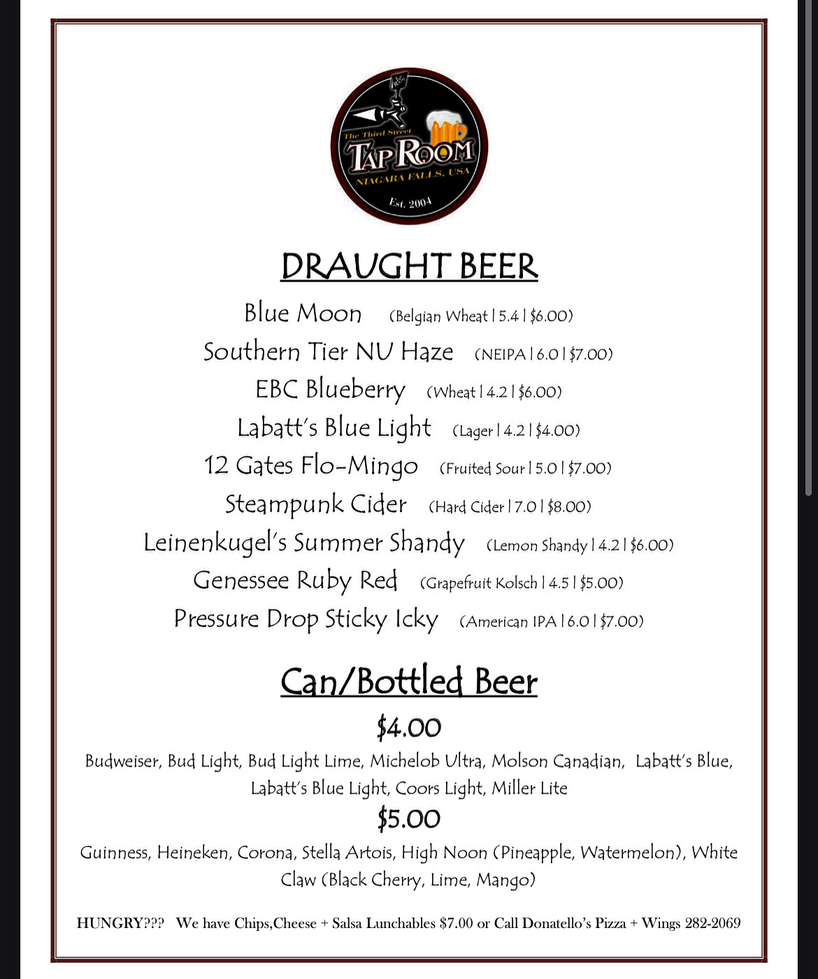 Third Street Tap Room Menu