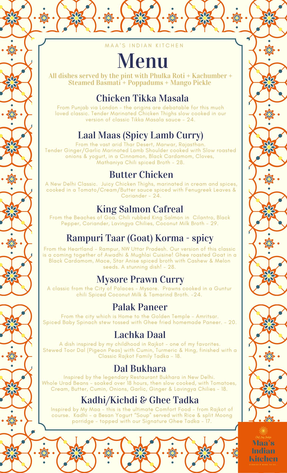 Maa's Indian Kitchen Menu
