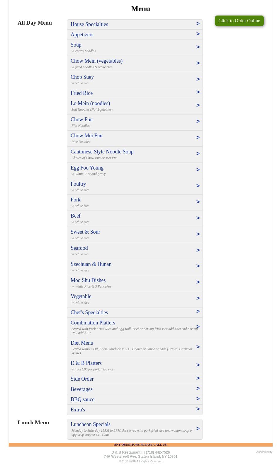 D & B Chinese Double Menu