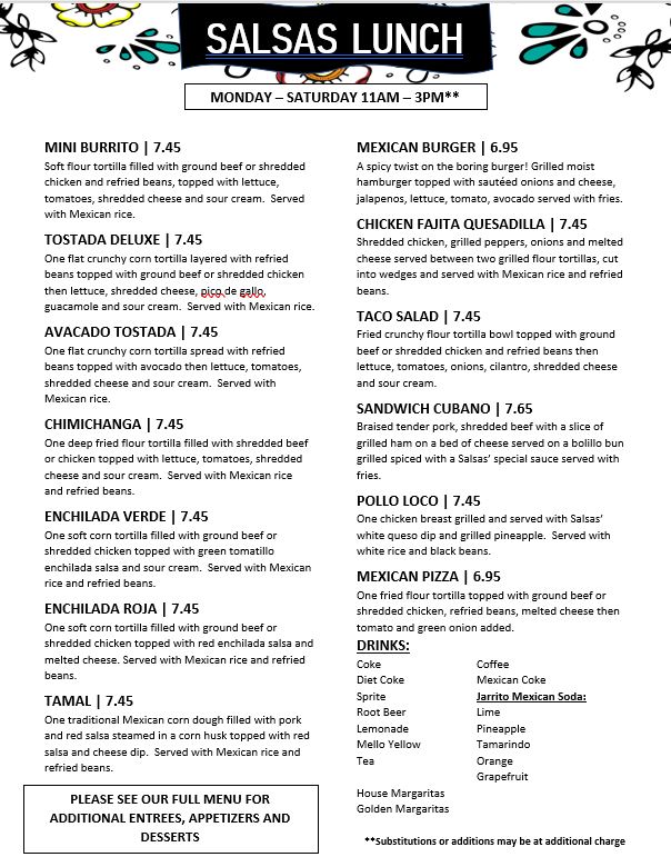 Salsas Mexican Restaurant Menu