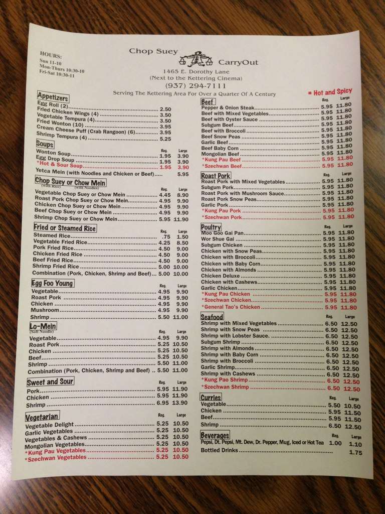 Chop Suey Carry Out Menu