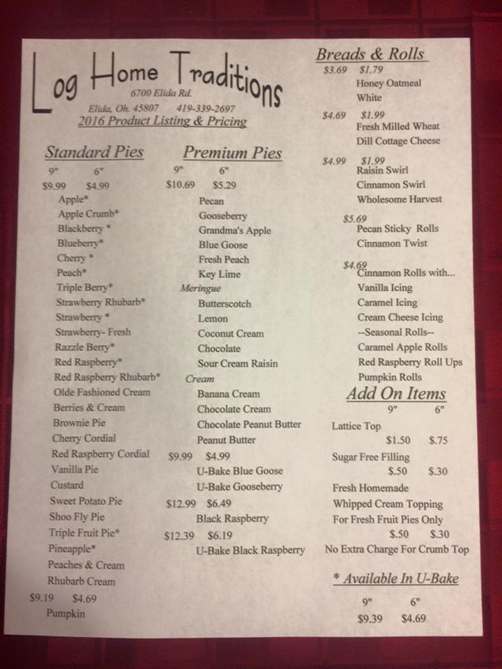 Log Home Traditions Menu