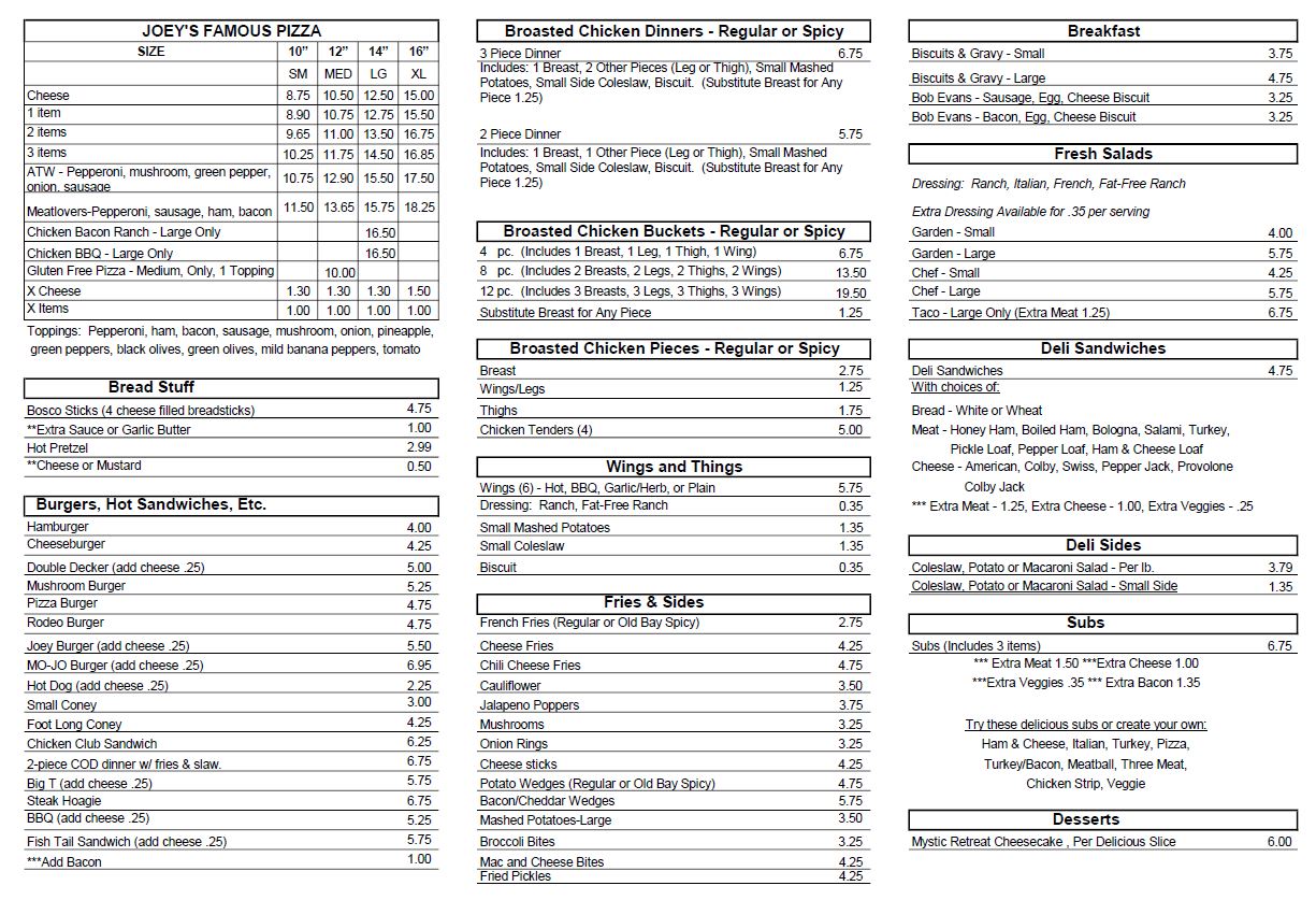 The Joey's Pizza Menu