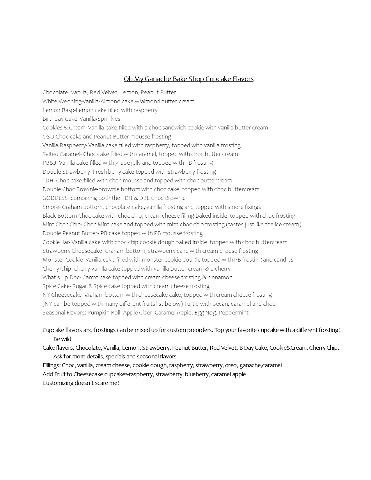 Oh My Ganache Cupcakes Menu