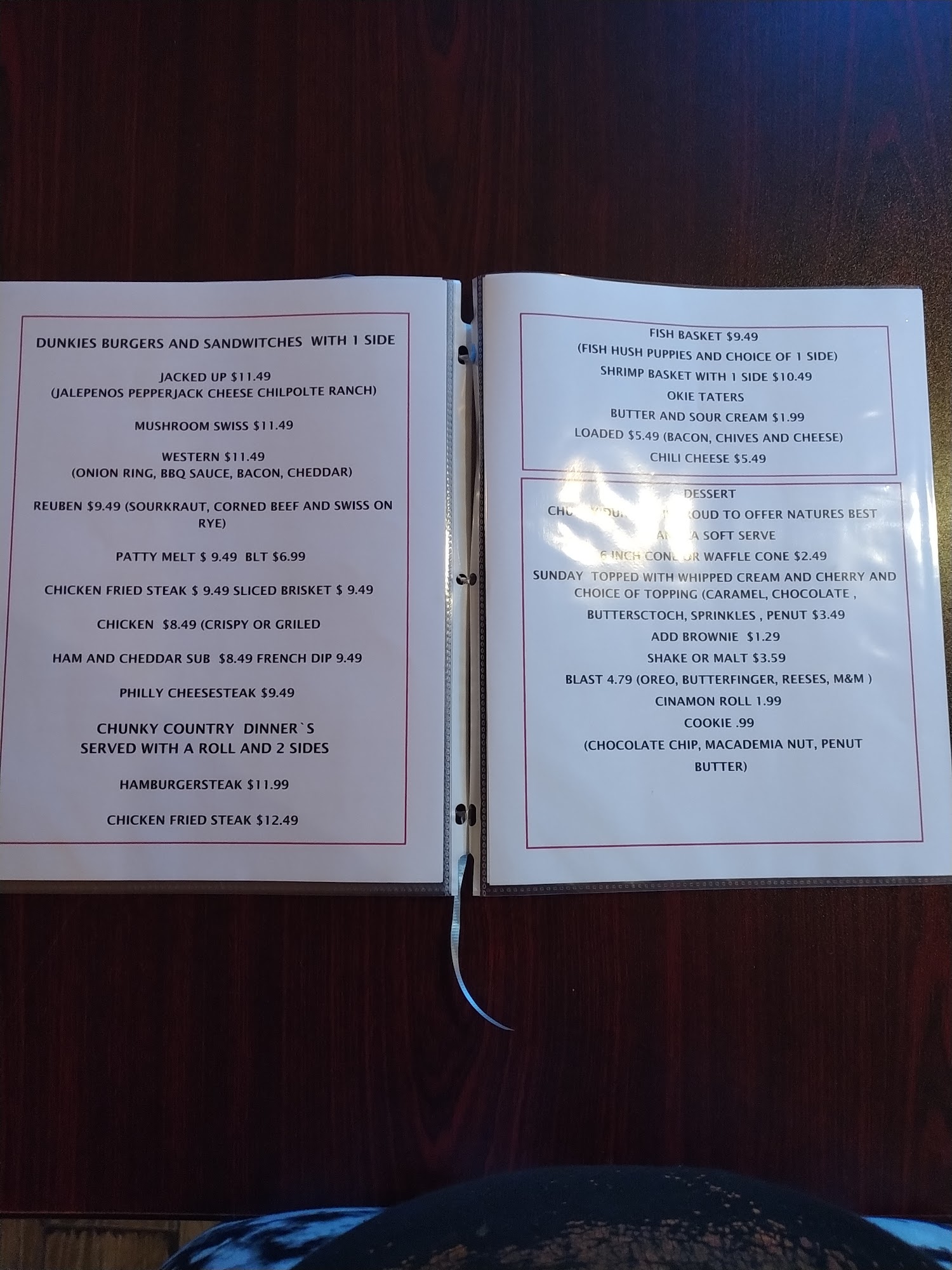 Chunky Dunkers Grill Menu
