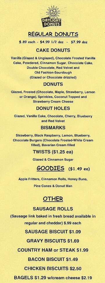 Broken Arrow Daylight Donuts Menu