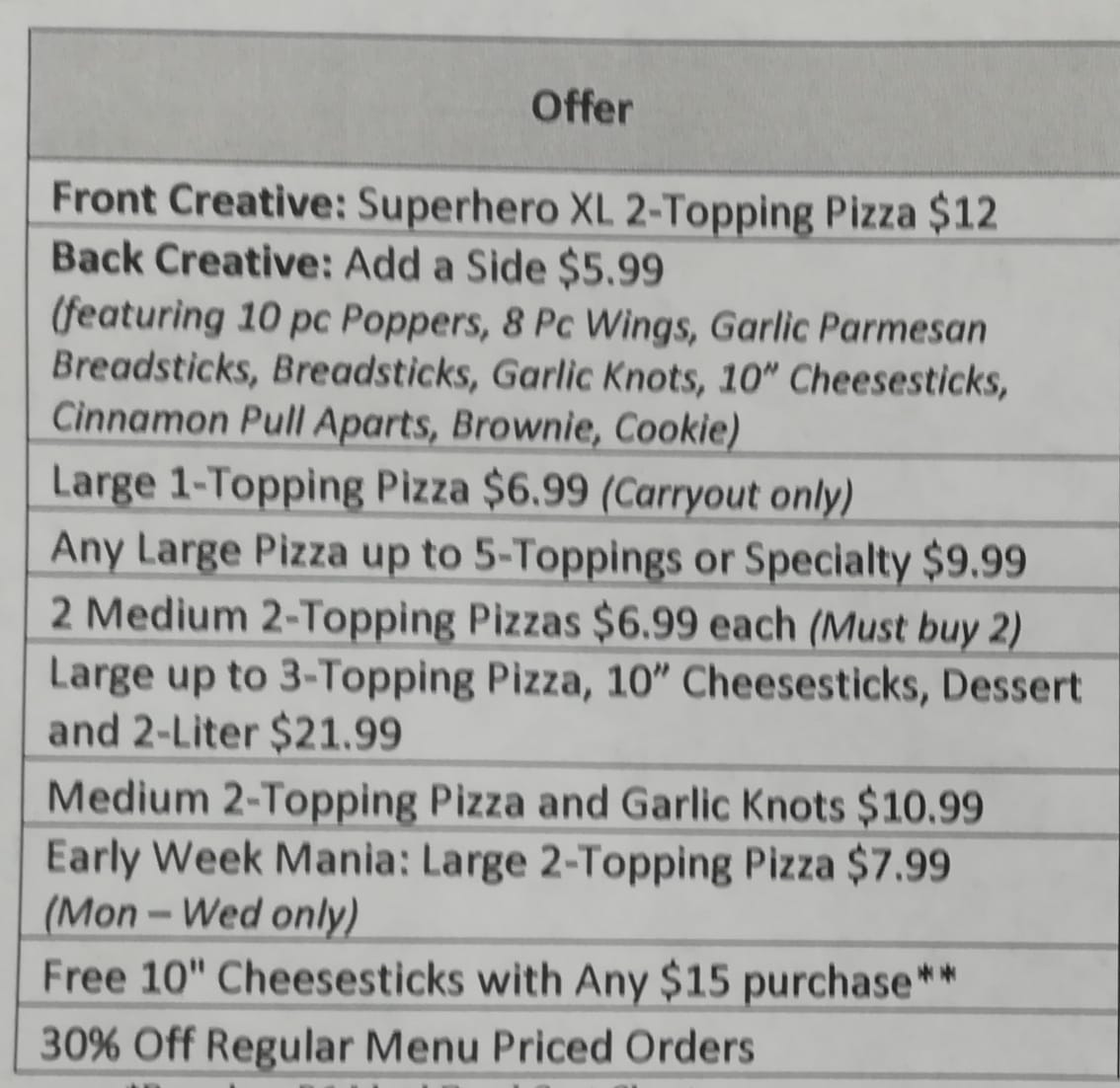 Papa Johns Pizza Menu