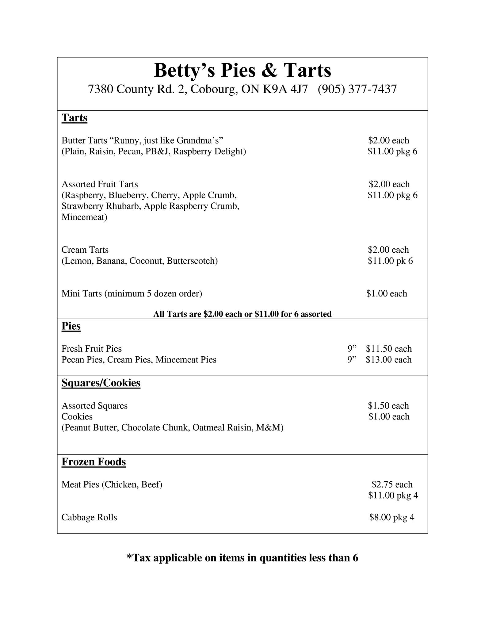 Betty's Pies & Tarts Menu