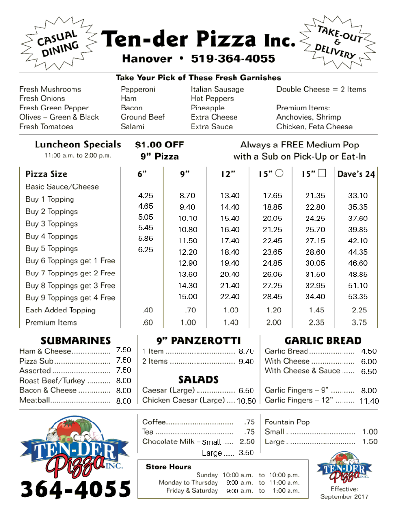 Ten-Der Pizza Menu