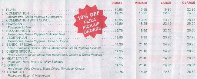 Beneci Pizzeria Ottawa South Menu