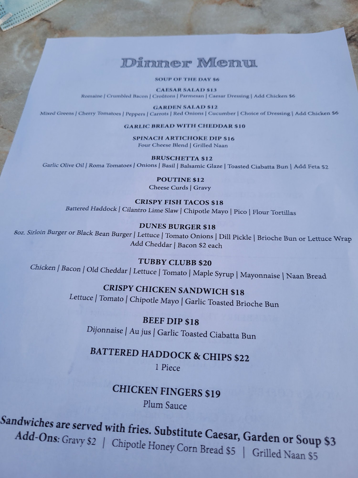 Restaurant on the knoll Menu