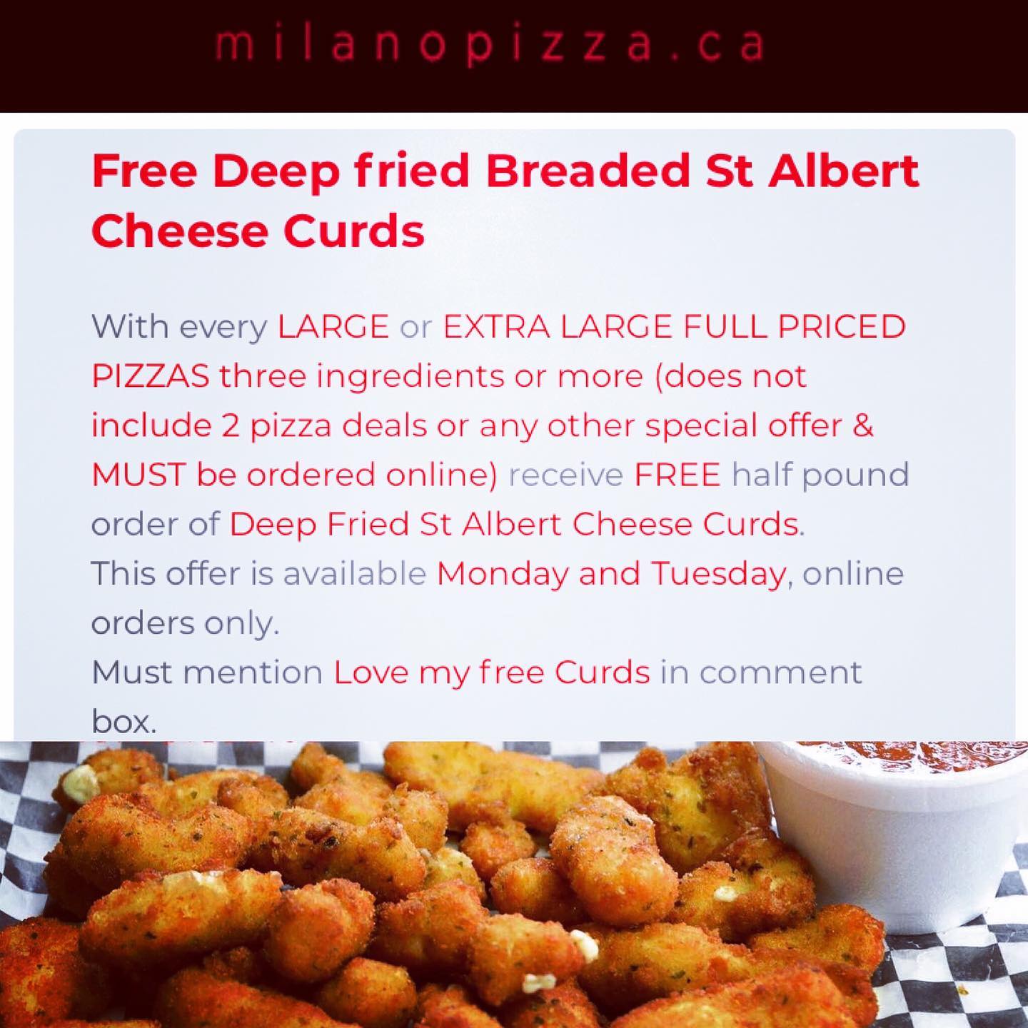 Milano Pizzeria Menu