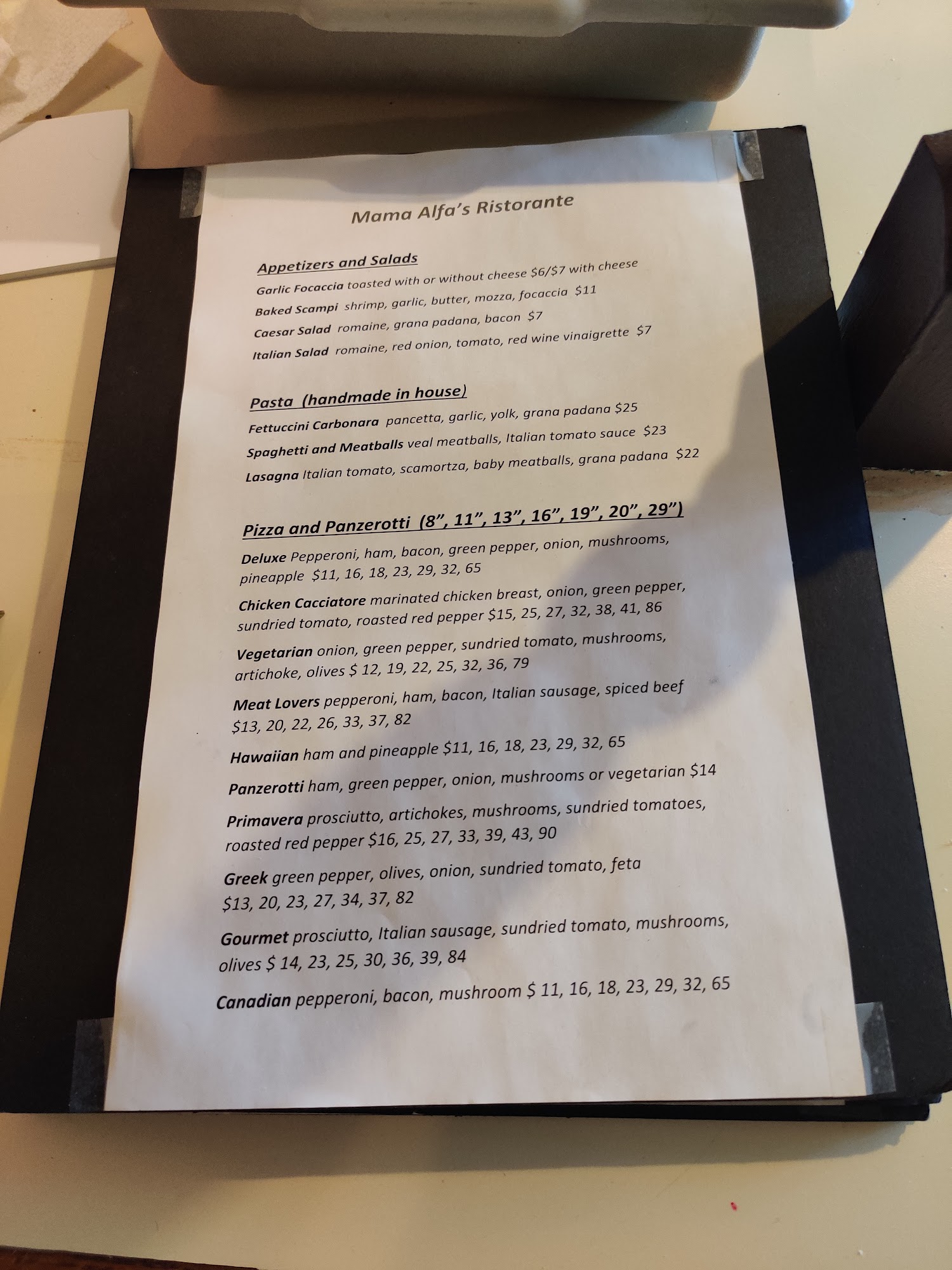 Mama Alfa's Pizzeria Menu