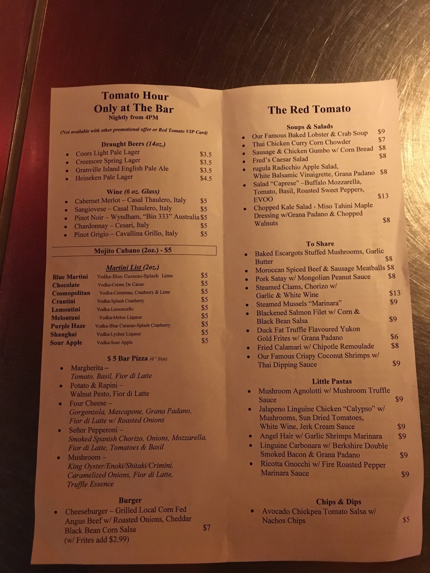 Red Tomato Menu