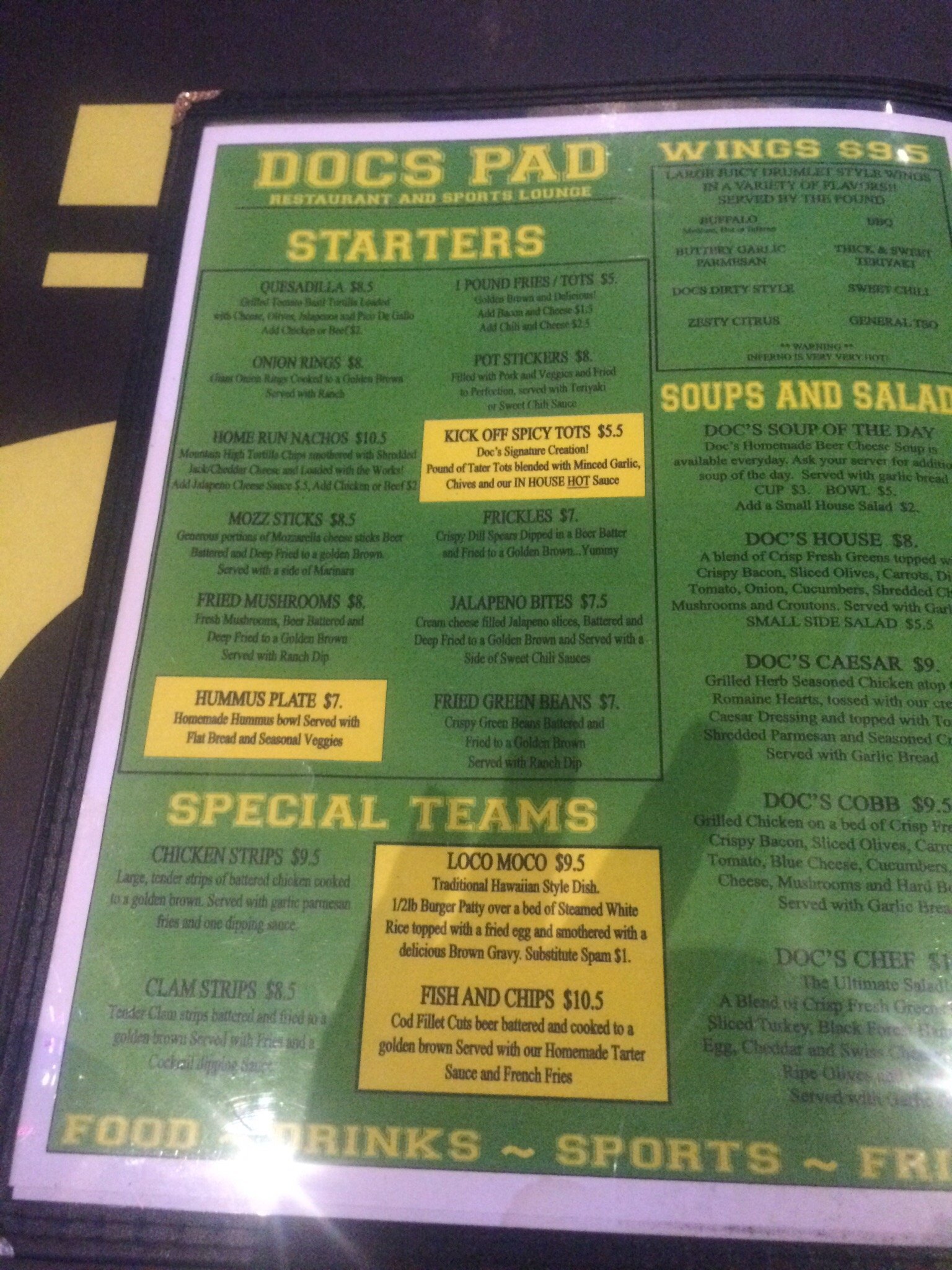 Doc's Pad Taphouse Menu