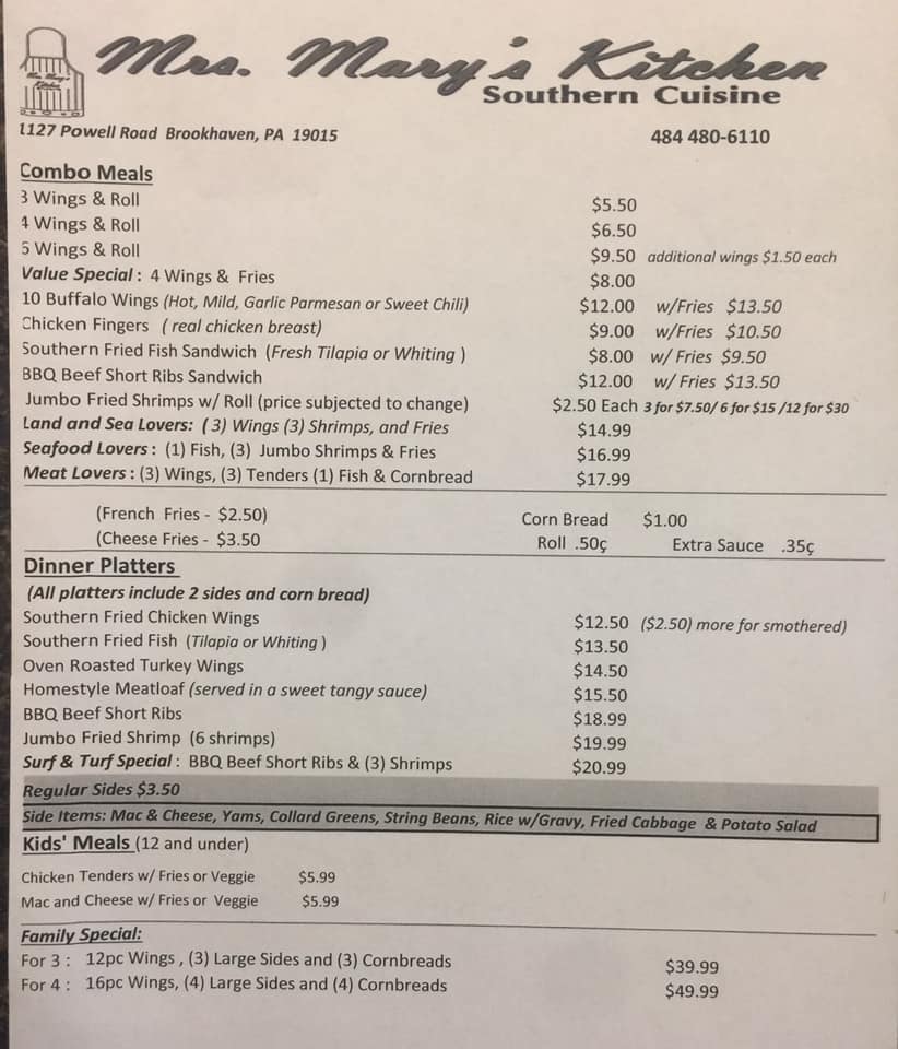 Mrs. Mary's Kitchen Menu