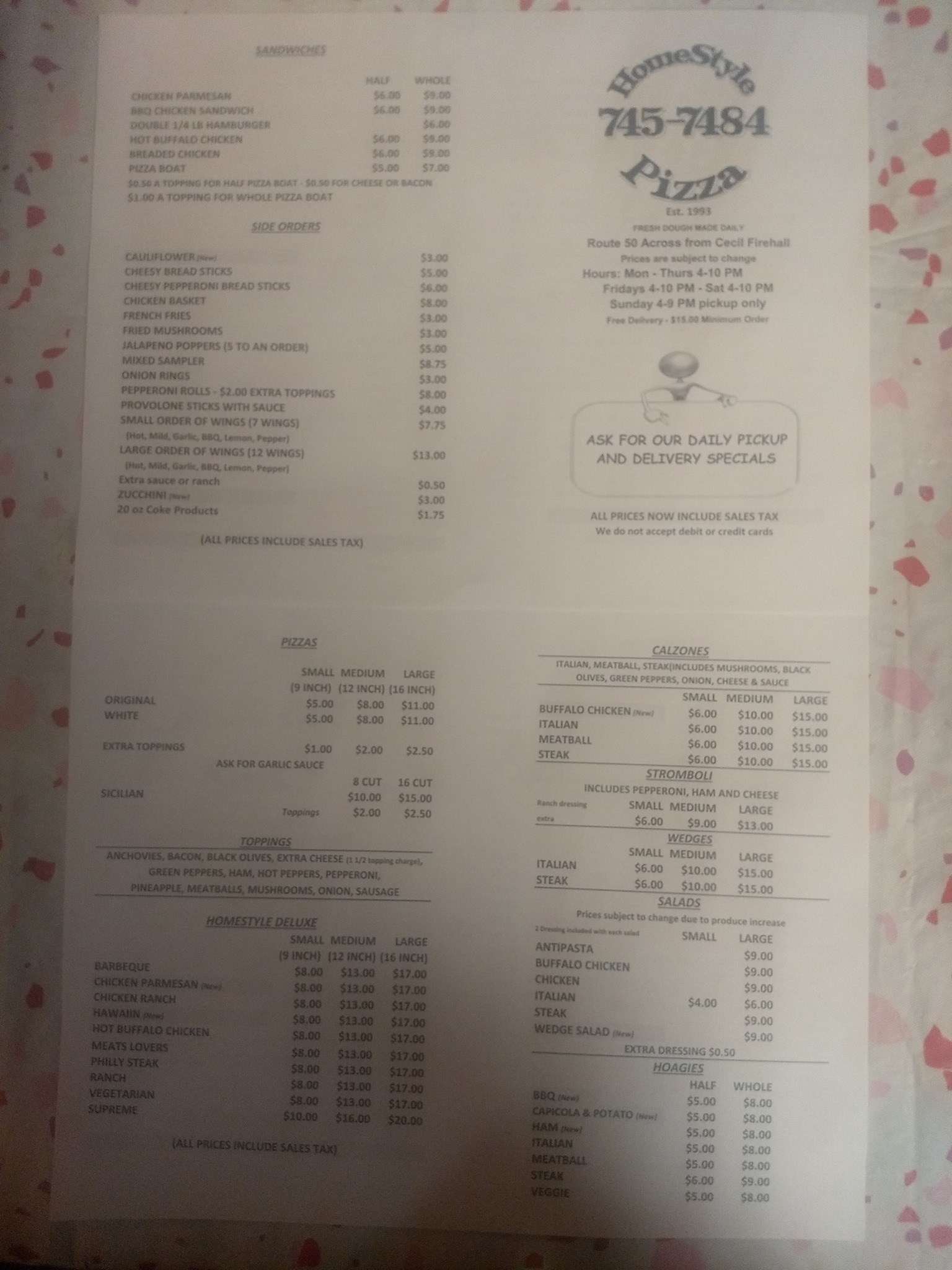 Homestyle Pizza Menu