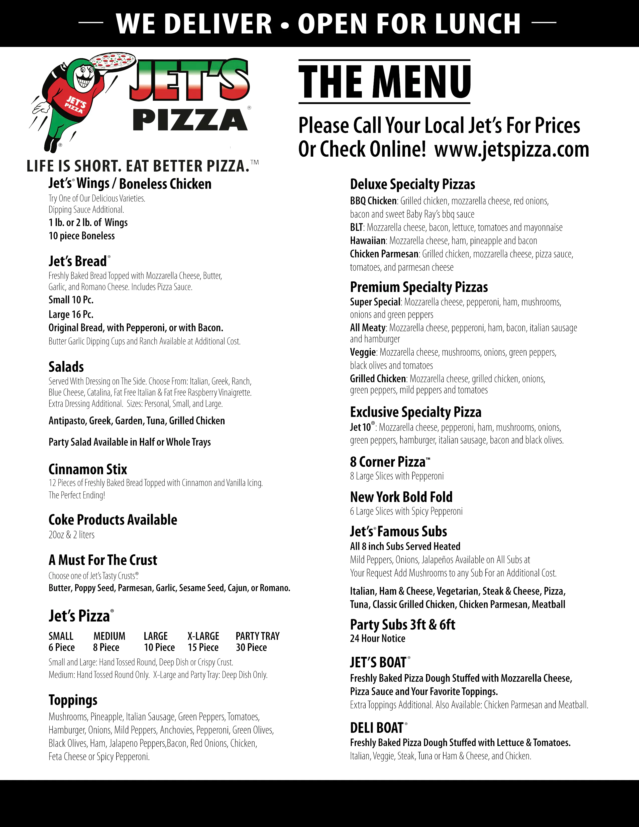 Jet's Pizza Menu