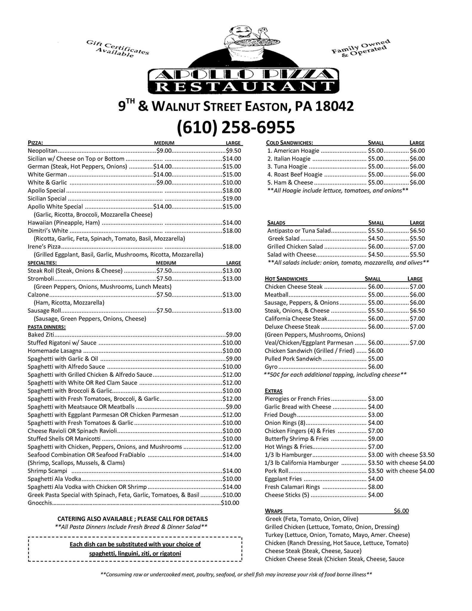 Apollo Pizza Restaurant Menu