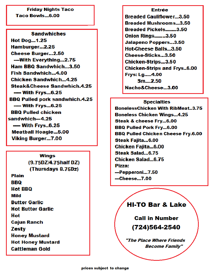 HI-To Lake Menu