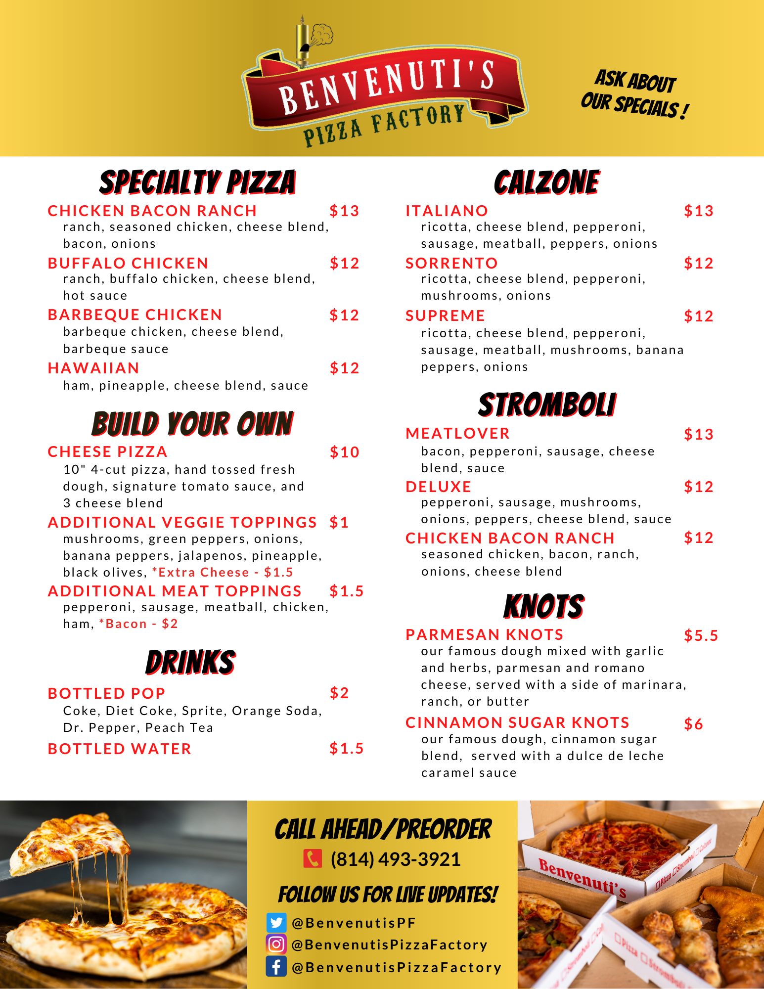 Benvenuti's Pizza Products Menu
