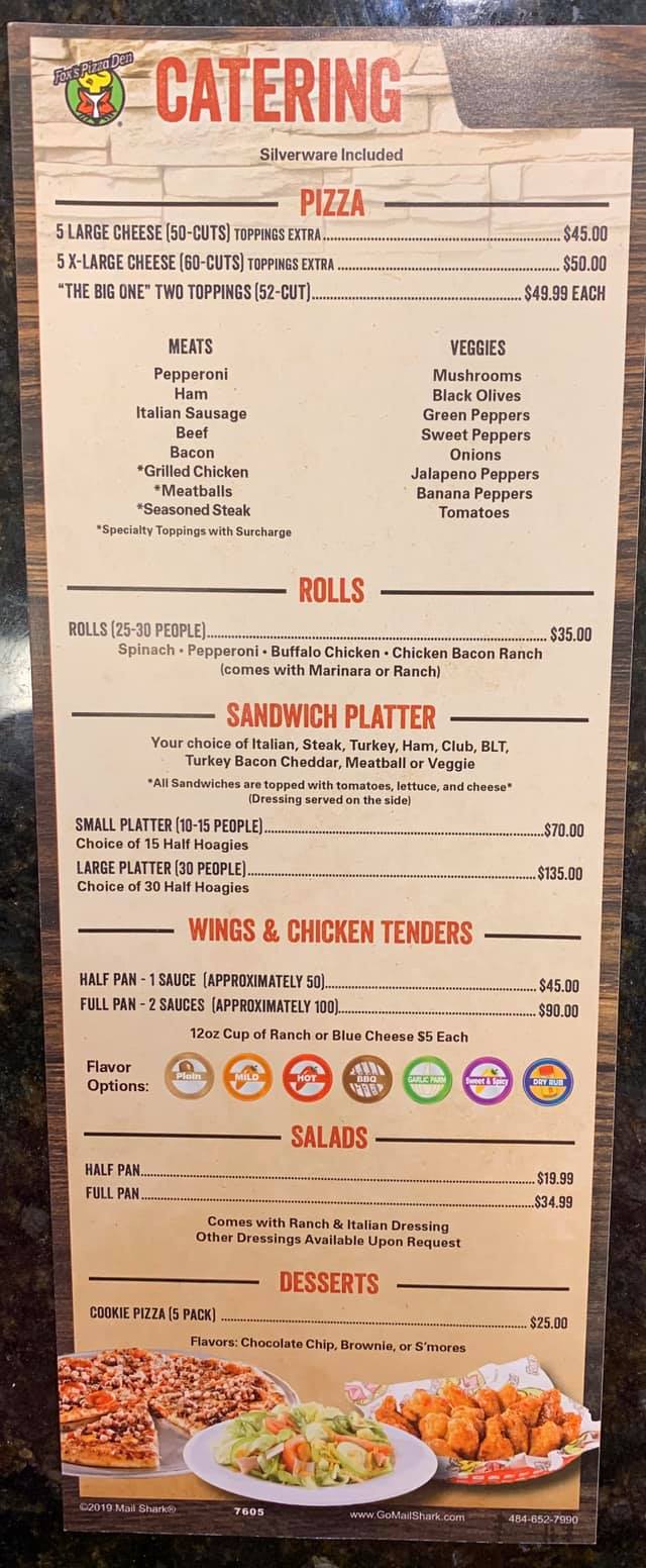 Fox's Pizza Den - Imperial Menu