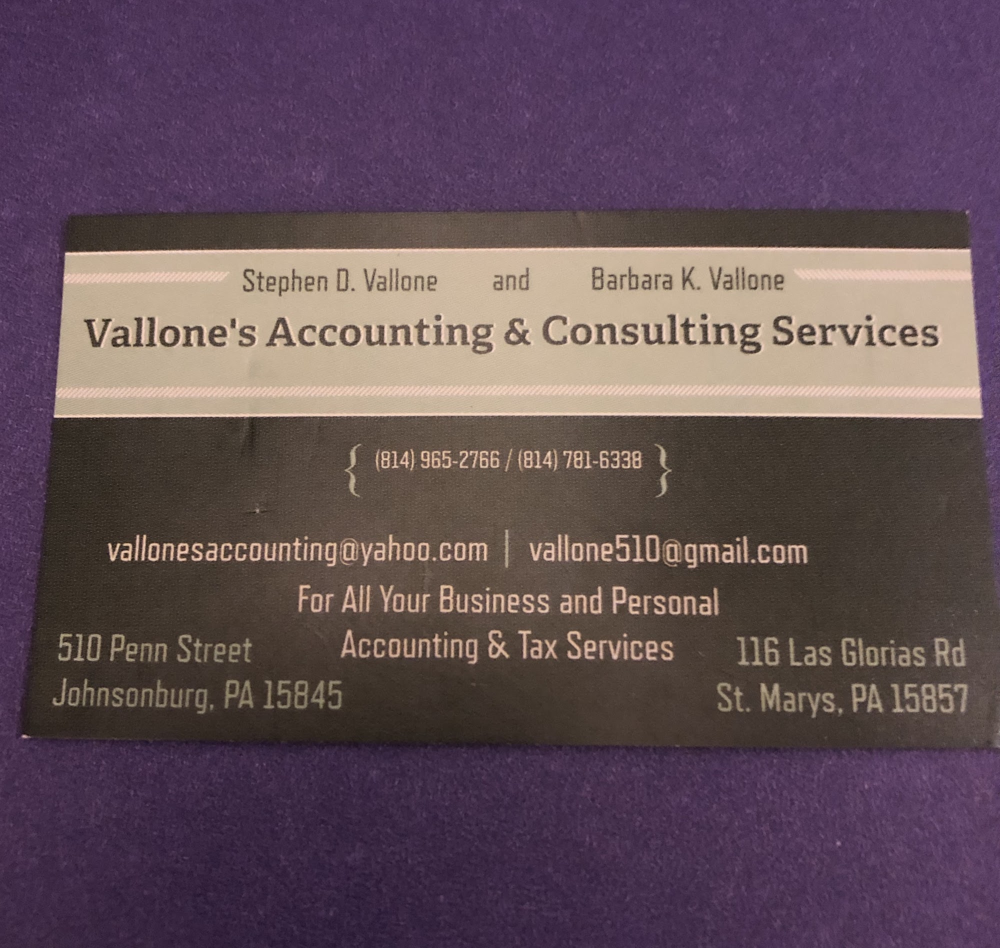 Vallone's Accounting & Consulting Services 510 Penn St, Johnsonburg Pennsylvania 15845