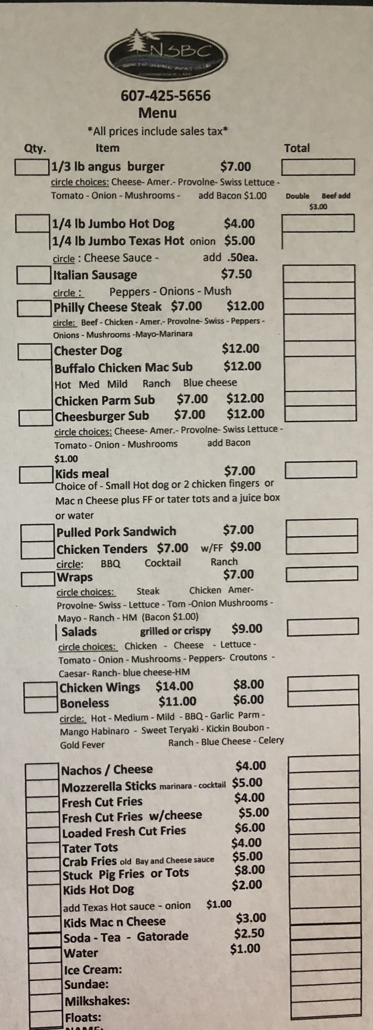 North shore Boat Club Menu