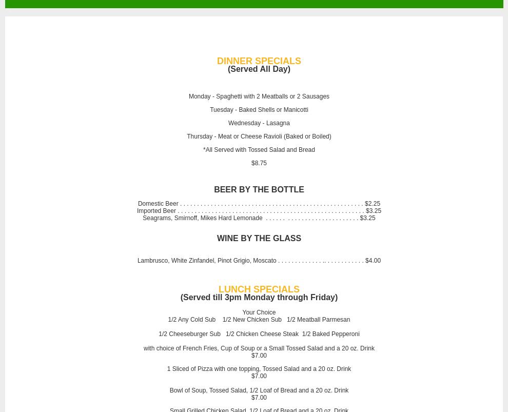 Joe's Original Italian Pizza Menu