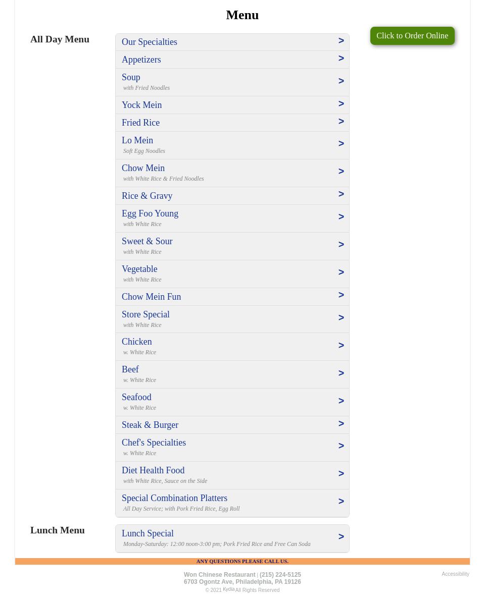 Won Chinese Restaurant Menu