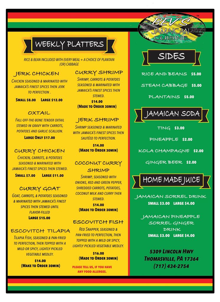 Bev's Jamaican Cuisine Menu