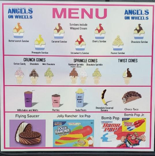 Angels On Wheels Ice Cream Truck Menu