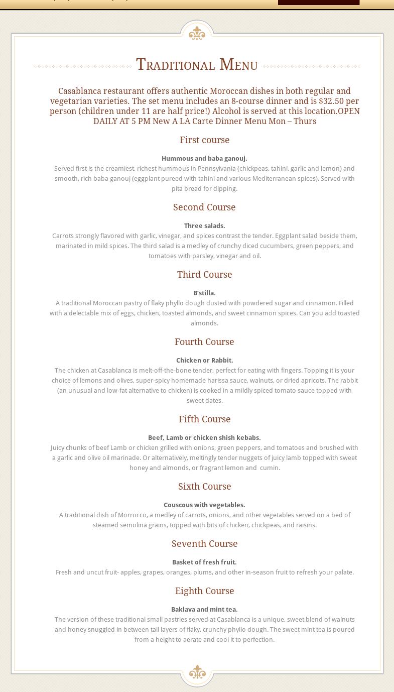 Casablanca Restaurant Menu