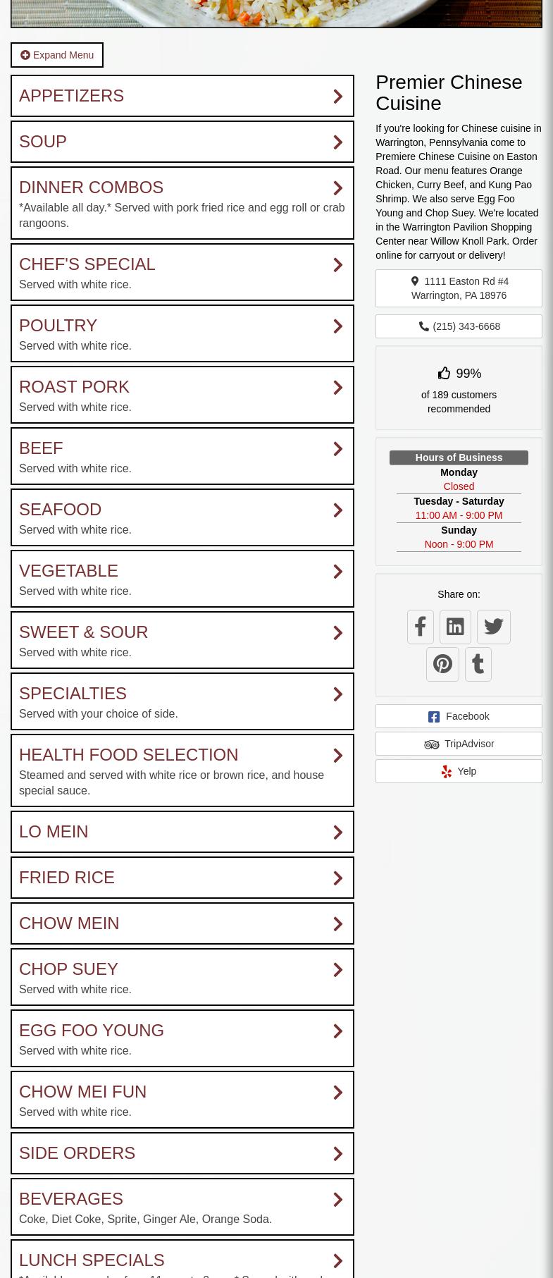 Premier Chinese Cuisine Menu