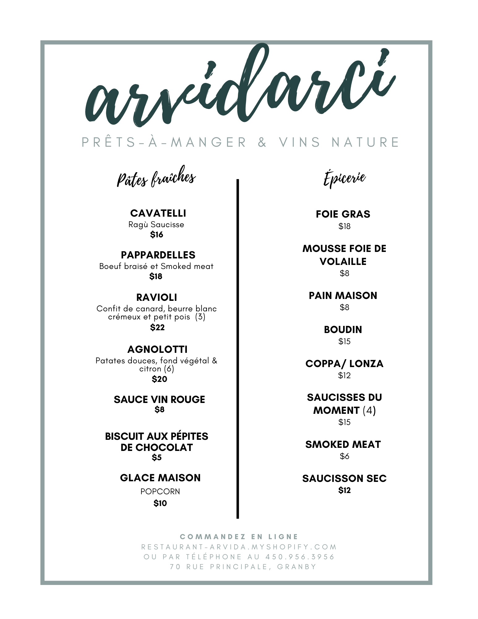 Arvida Menu