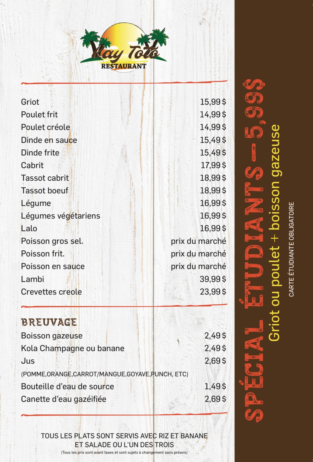 Kay Toto traiteur Menu