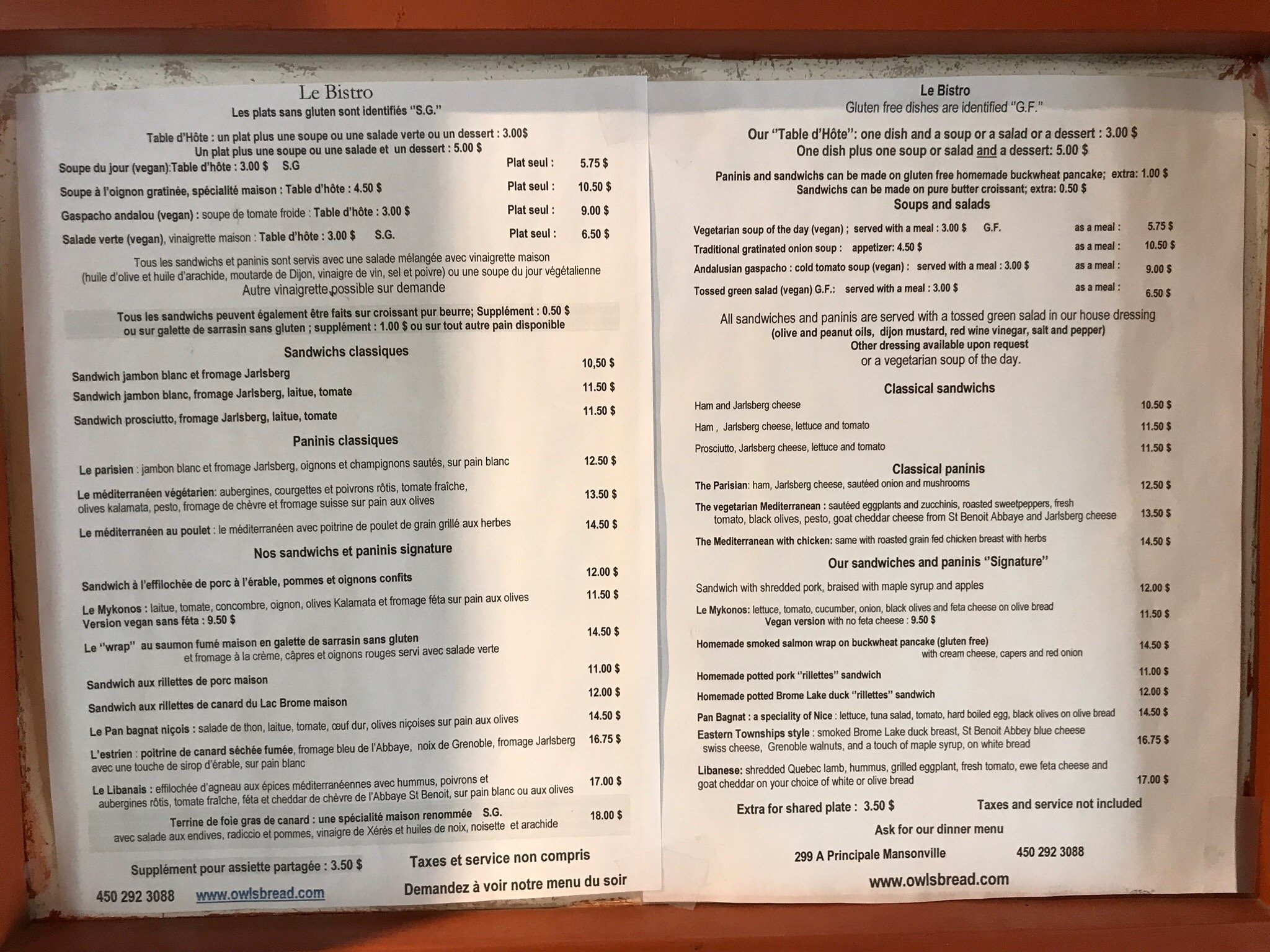 Boulangerie Owl's Bread Menu