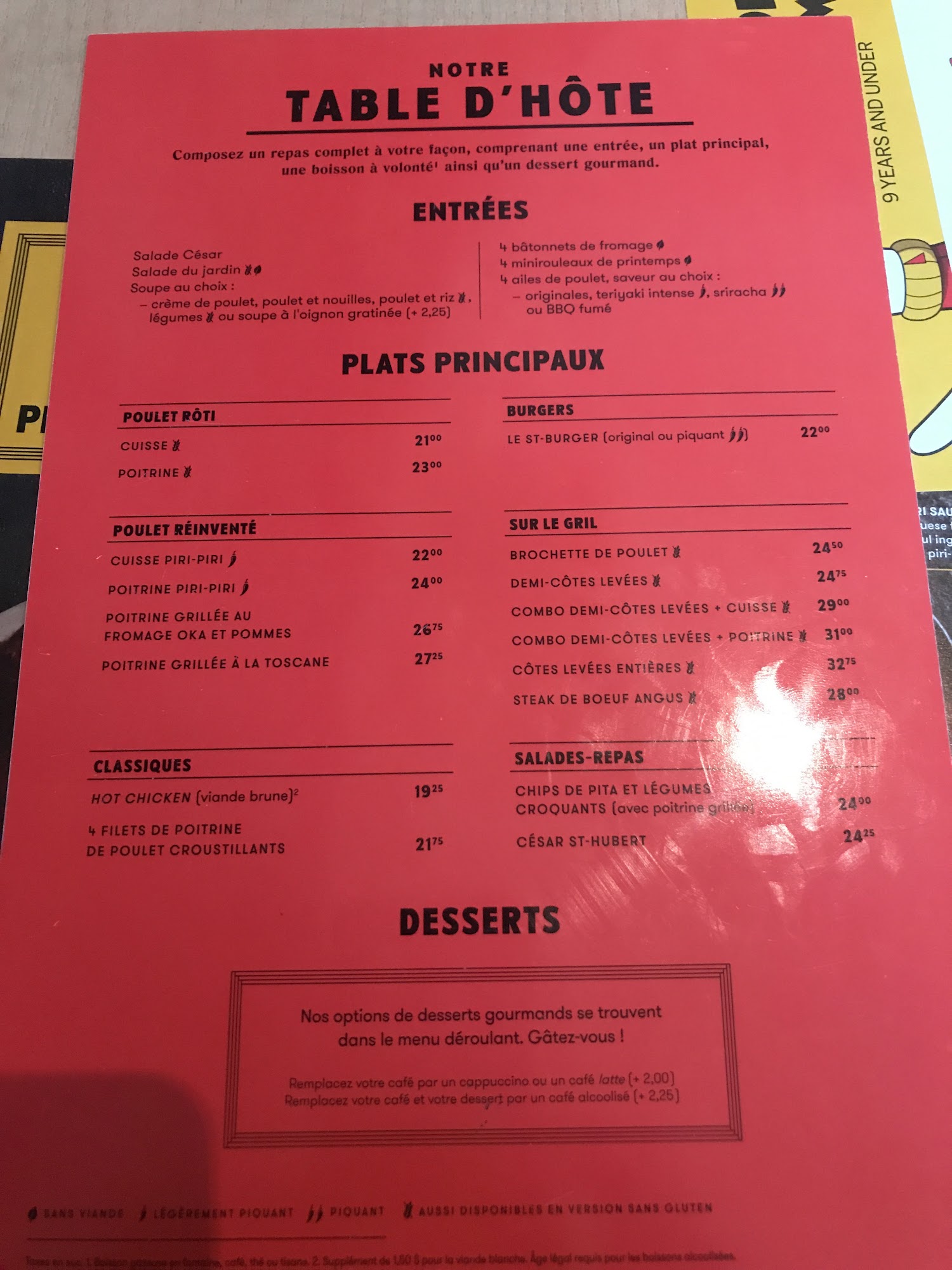 Restaurant et bar St-Hubert Menu